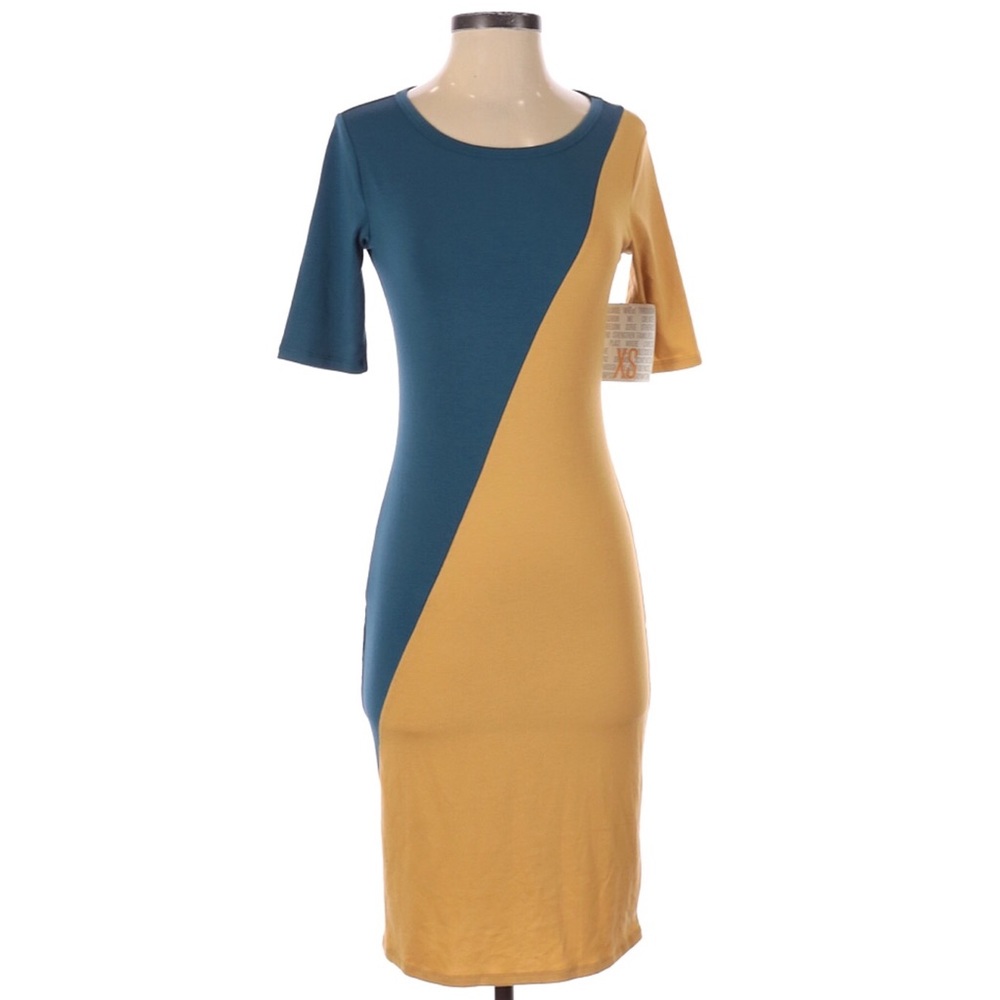 LulaRoe Julia Dress XS Teal Mustard Colorblock NWT